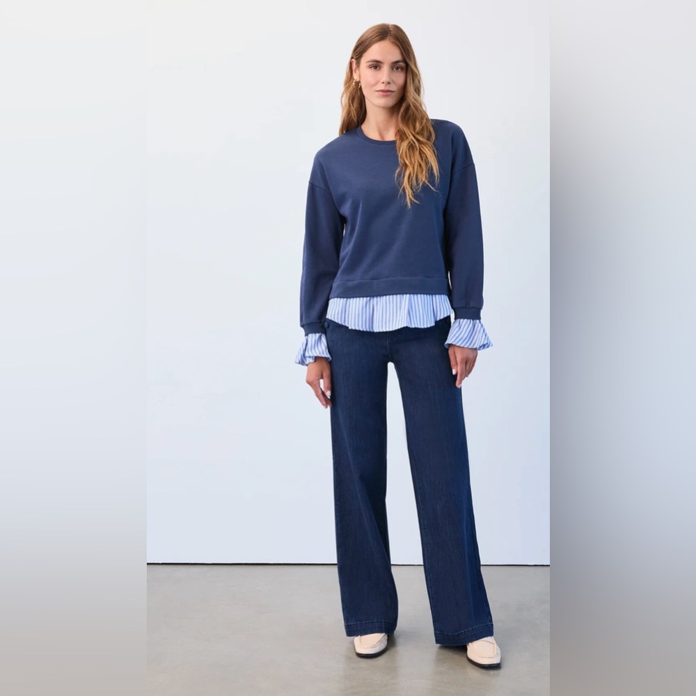 Anthropologie Maeve Striped Trim Twofer Sweatshirt navy Mixed Media Crew Top